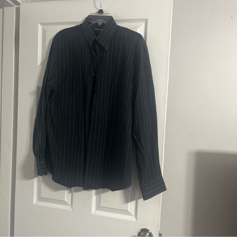 1MX EXPRESS Men's Shirt L Modern Fit Black & White Stripe Long Sleeve Buttons